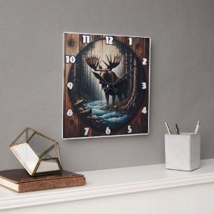 Relógio Quadrado Maiestoso alce perto do rio na Floresta Densa