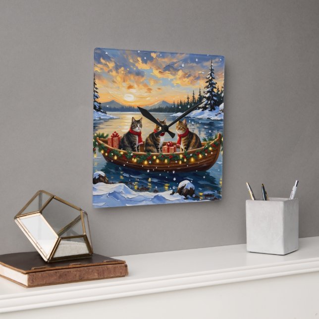 Relógio Quadrado Maine Coon Cat Christmas Boat Holiday (Escritório)