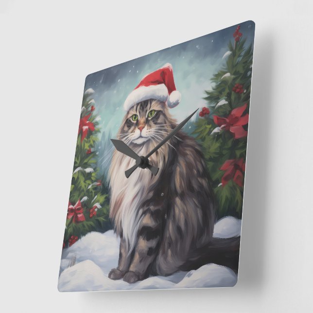 Relógio Quadrado Maine Coon Cat no Natal da Neve (Ângulo)