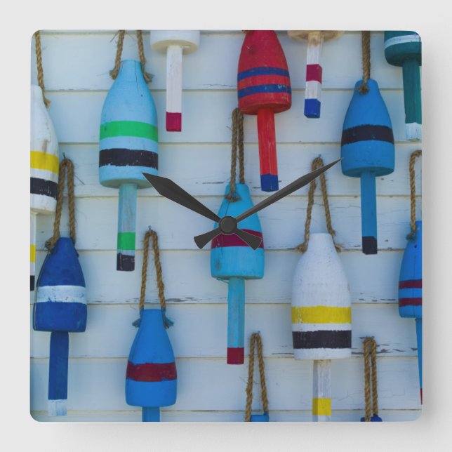 Relógio Quadrado Maine, Stonington, boias decorativas de lagosta (Frente)