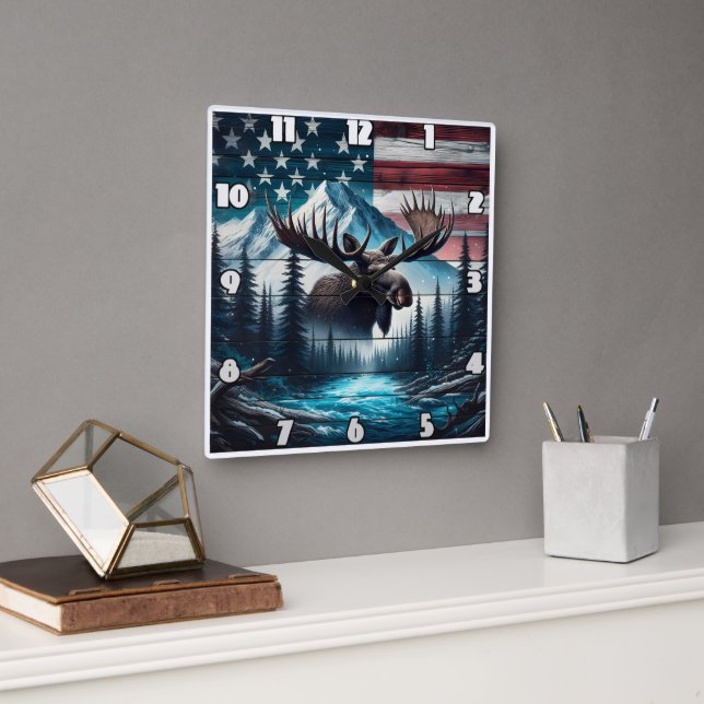 Relógio Quadrado Majexpressa Moose que ignora a paisagem americana (Escritório)