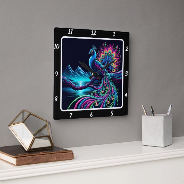 Relógio Quadrado Majexpressa Neon Peacock (Escritório)