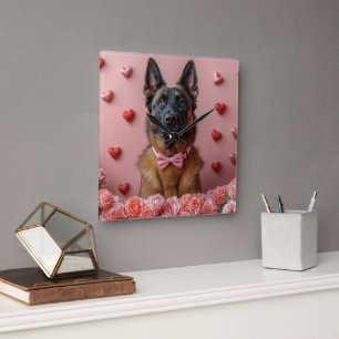 Relógio Quadrado Malinois belgas com Rosas - Dia de os namorados