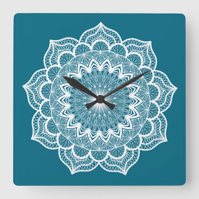 Relógio Quadrado Mandala Branco em Fundo Azul (Frente)