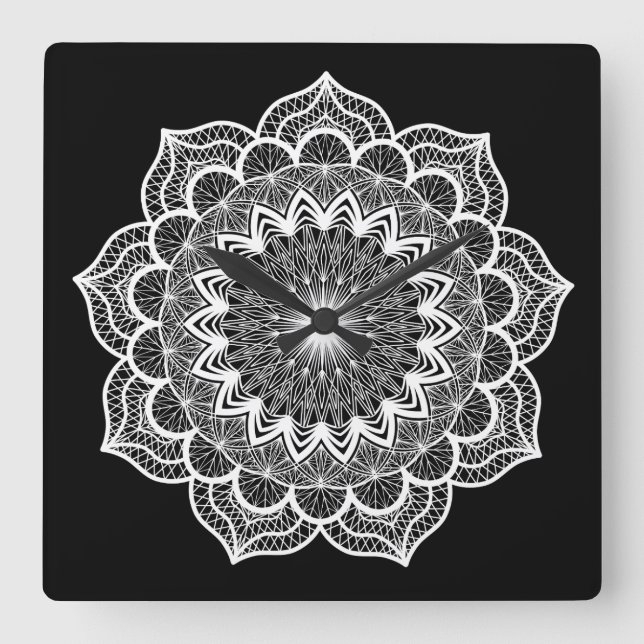Relógio Quadrado Mandala Branco em Fundo Preto (Frente)