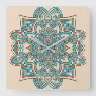 Relógio Quadrado Mandala Elegância Turquesa