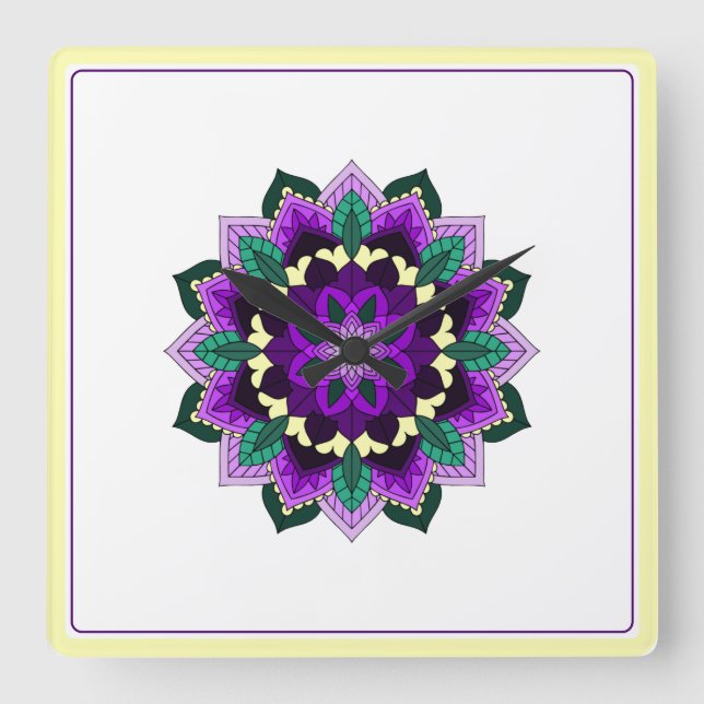 Relógio Quadrado Mandala em roxo (Frente)