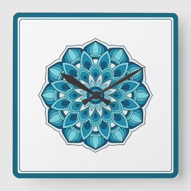 Relógio Quadrado Mandala em verde-teal (Frente)
