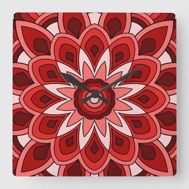 Relógio Quadrado Mandala em vermelho (Frente)