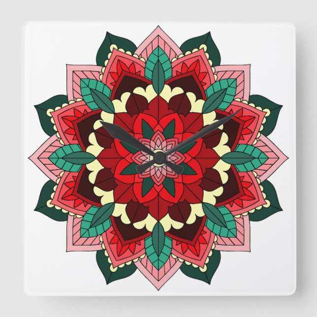Relógio Quadrado Mandala em vermelho (Frente)