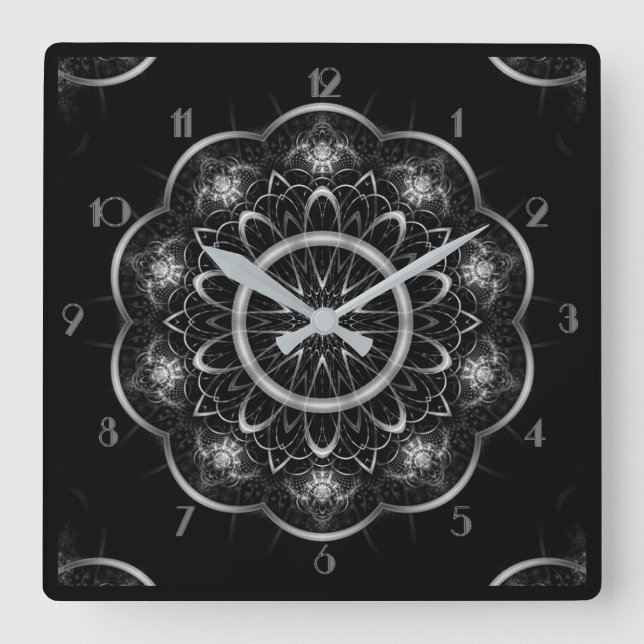 Relógio Quadrado Mandala filigrana prateada (Frente)