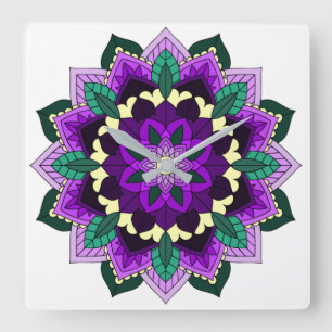 Relógio Quadrado Mandala Padrão 02 em roxo