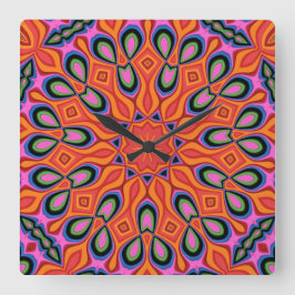 Relógio Quadrado Mandala Retro Laranja Hipster Decor