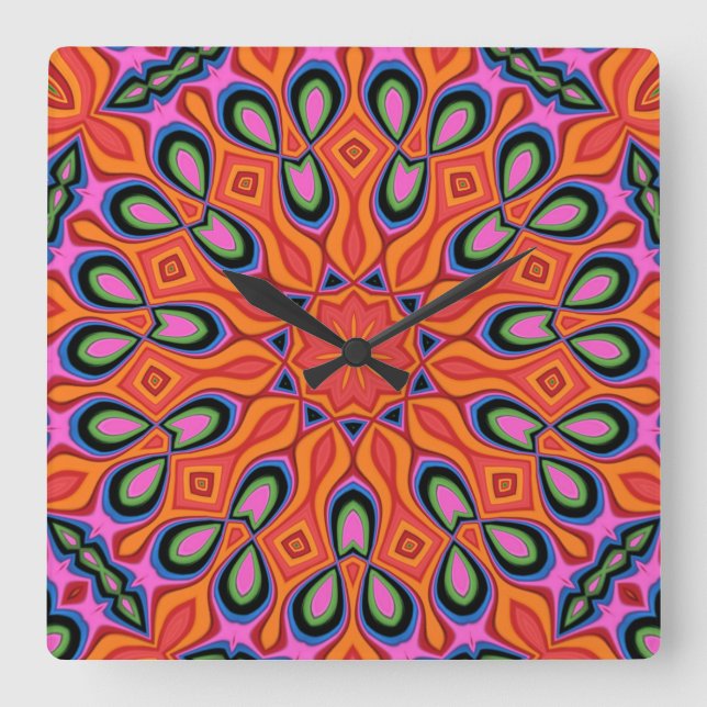 Relógio Quadrado Mandala Retro Laranja Hipster Decor (Frente)