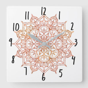 Relógio Quadrado Mandala Rosa e Laranja em Glam Branco