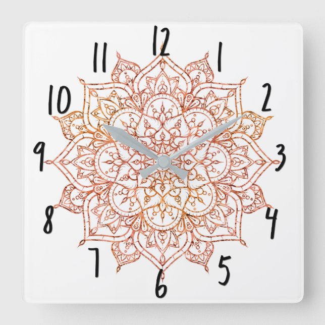 Relógio Quadrado Mandala Rosa e Laranja em Glam Branco (Frente)