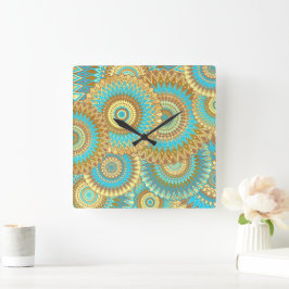Relógio Quadrado Mandala Sobreposto Azul Marrom Dourado