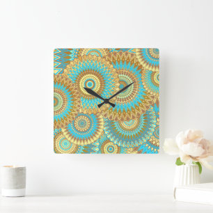 Relógio Quadrado Mandala Sobreposto Azul Marrom Dourado