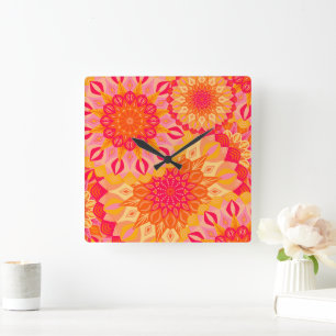 Relógio Quadrado Mandala Sobreposto Laranja Rosa Amarelo