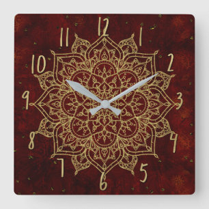 Relógio Quadrado Mandala Vermelho Vinho Fundo & Glamour Dourado Chi