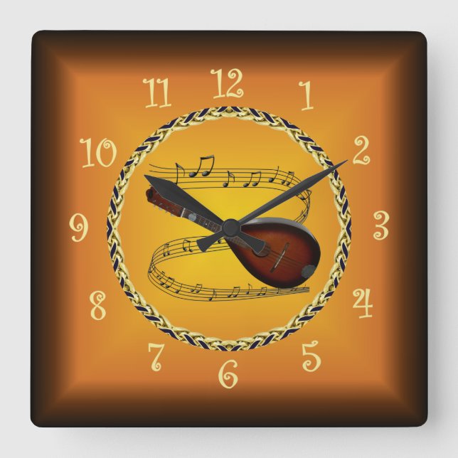 Relógio Quadrado Mandolin 01 Em Musical Scroll & Russet Orange ~ (Frente)