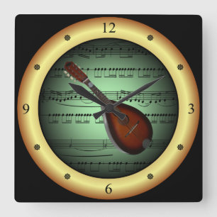 Relógio Quadrado Mandolin ~ Sheet Music ~ Verde/Dourado Background
