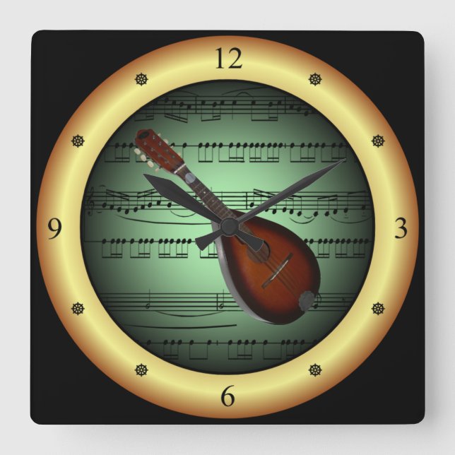 Relógio Quadrado Mandolin ~ Sheet Music ~ Verde/Dourado Background  (Frente)