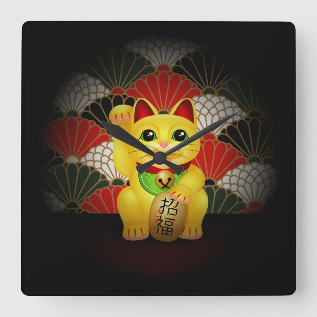 Relógio Quadrado Maneki cerâmico amarelo Neko (Frente)