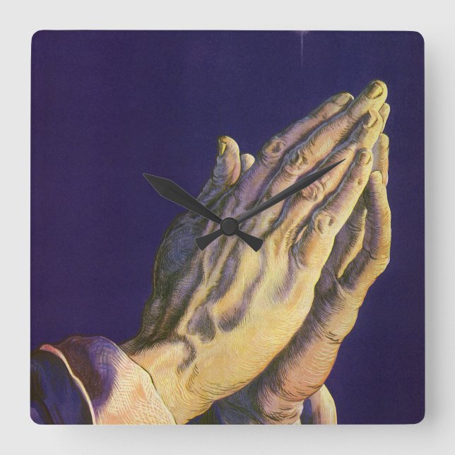 Relógio Quadrado Mãos Antigas Rezando com a Estrela de Belém (Frente)