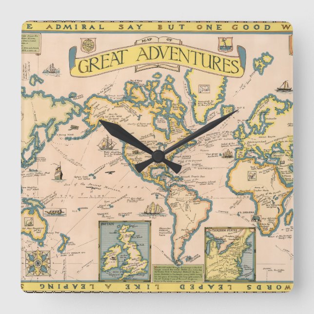 Relógio Quadrado Map of Great Adventures (Frente)