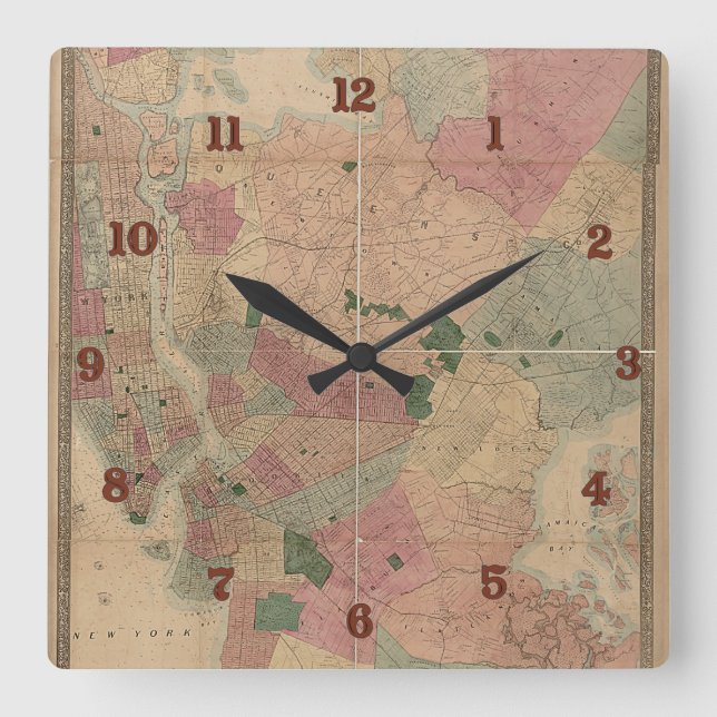 Relógio Quadrado Mapa 1872 - Nova Iorque, Queens de Brooklyn do (Frente)