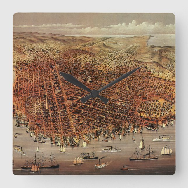 Relógio Quadrado Mapa Aéreo Antiquado de São Francisco, Califórnia (Frente)