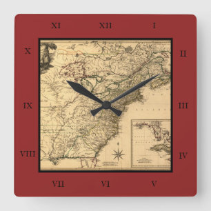 Relógio Quadrado Mapa americano das colônias do vintage 1777 por