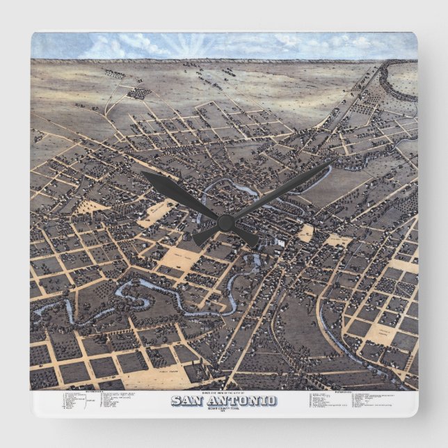 Relógio Quadrado Mapa Antigo da Cidade de San Antonio, Texas, Vista (Frente)