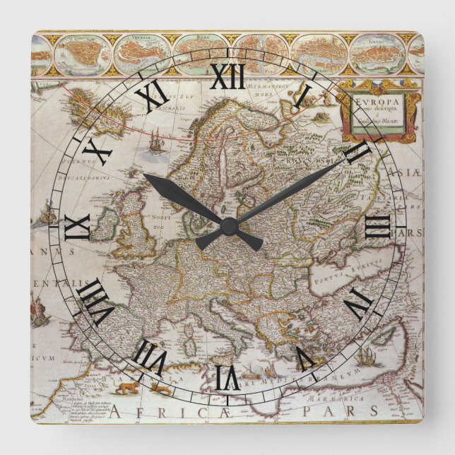 Relógio Quadrado Mapa antigo da Europa por Willem Jansz Blaeu, c161 (Frente)