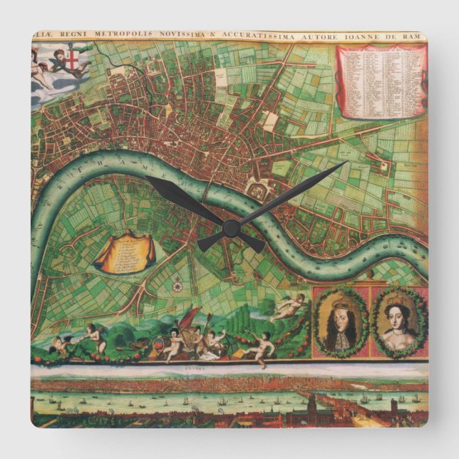 Relógio Quadrado Mapa Antigo das Ruas de Londres por Johannes de Ra (Frente)