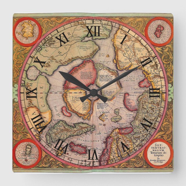 Relógio Quadrado Mapa antigo do Polo Norte por Mercator (Frente)