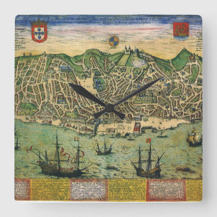 Relógio Quadrado Mapa antigo, Plano Municipal de Lisboa, Portugal,