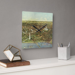 Relógio Quadrado Mapa antigo, Vista Panorâmica de Washington DC