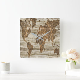 Relógio Quadrado Mapa castanho da impressão mundial