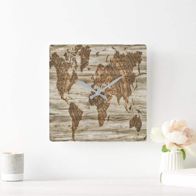 Relógio Quadrado Mapa castanho da impressão mundial (Lar)