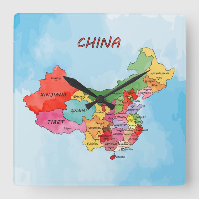 Relógio Quadrado Mapa da China (Frente)