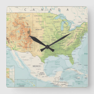 Relógio Quadrado Mapa de cor retro do mundo