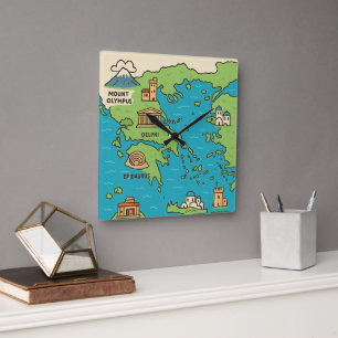 Relógio Quadrado Mapa de desenho animado da Grécia – Pontos turísti