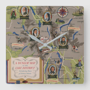 Relógio Quadrado Mapa de Dunlop do distrito do lago, Inglaterra