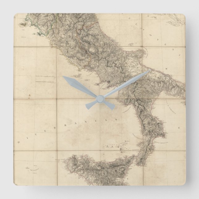 Relógio Quadrado Mapa de Italia sul e de costas adjacentes (Frente)