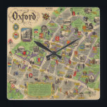 Relógio Quadrado Mapa de Oxford, Inglaterra (caminhos de ferro brit<br><div class="desc">Oxford. British Reilways. J.P. Sayer". Pictorial poster map da Cidade de Oxford, de 1949, por J.P. Sayer. O mapa foi publicado pela British Railways para promover o viagem ferroviário. Apresenta marcos importantes, juntamente com figuras em figurinos de período, ilustrando a história estoriada de Oxford. Todas as faculdades estão marcadas com...</div>