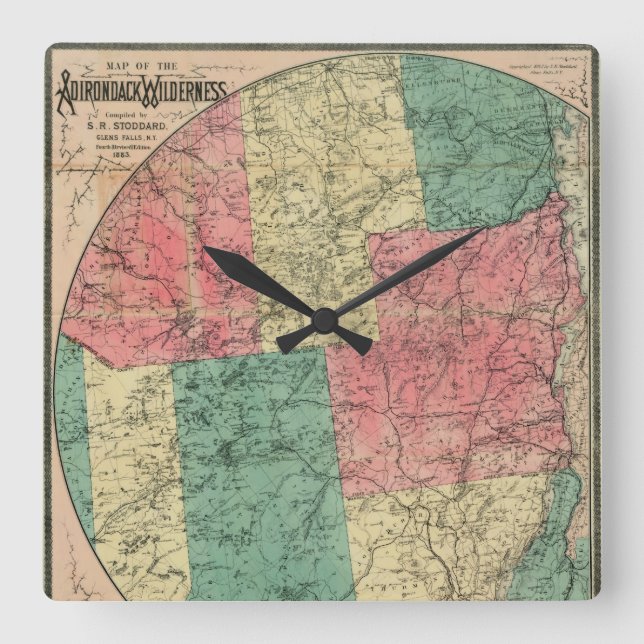 Relógio Quadrado Mapa de Stoddard da Selvagem de Adirondack, 1883 (Frente)