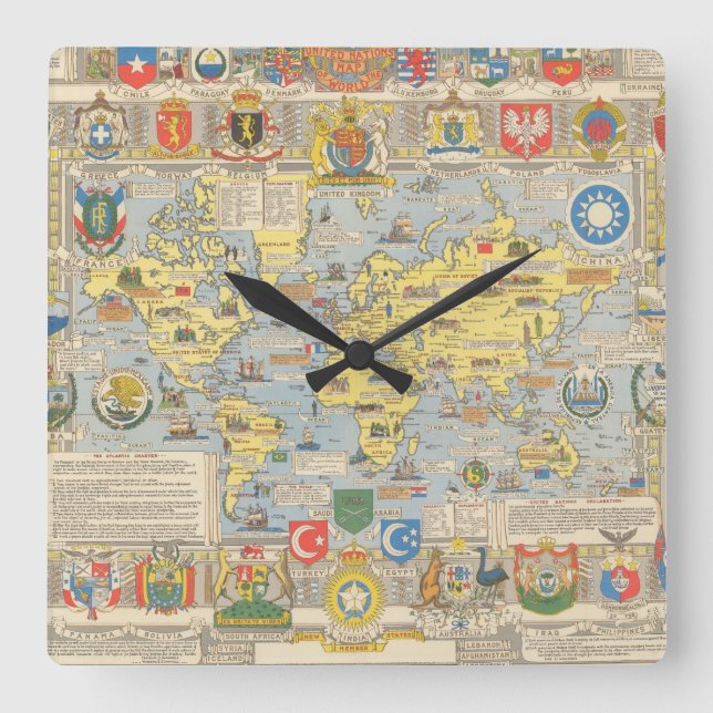 Relógio Quadrado Mapa de United Nations do mundo (Frente)