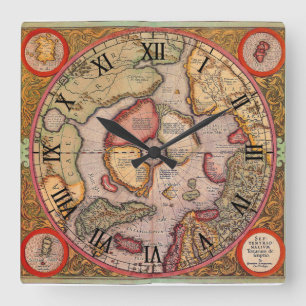 Relógio Quadrado Mapa de Velho Mundo antigo, Pólo Norte ártico,